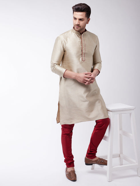 Vastramay Men's Beige And Maroon Silk Blend Kurta Churidar Set